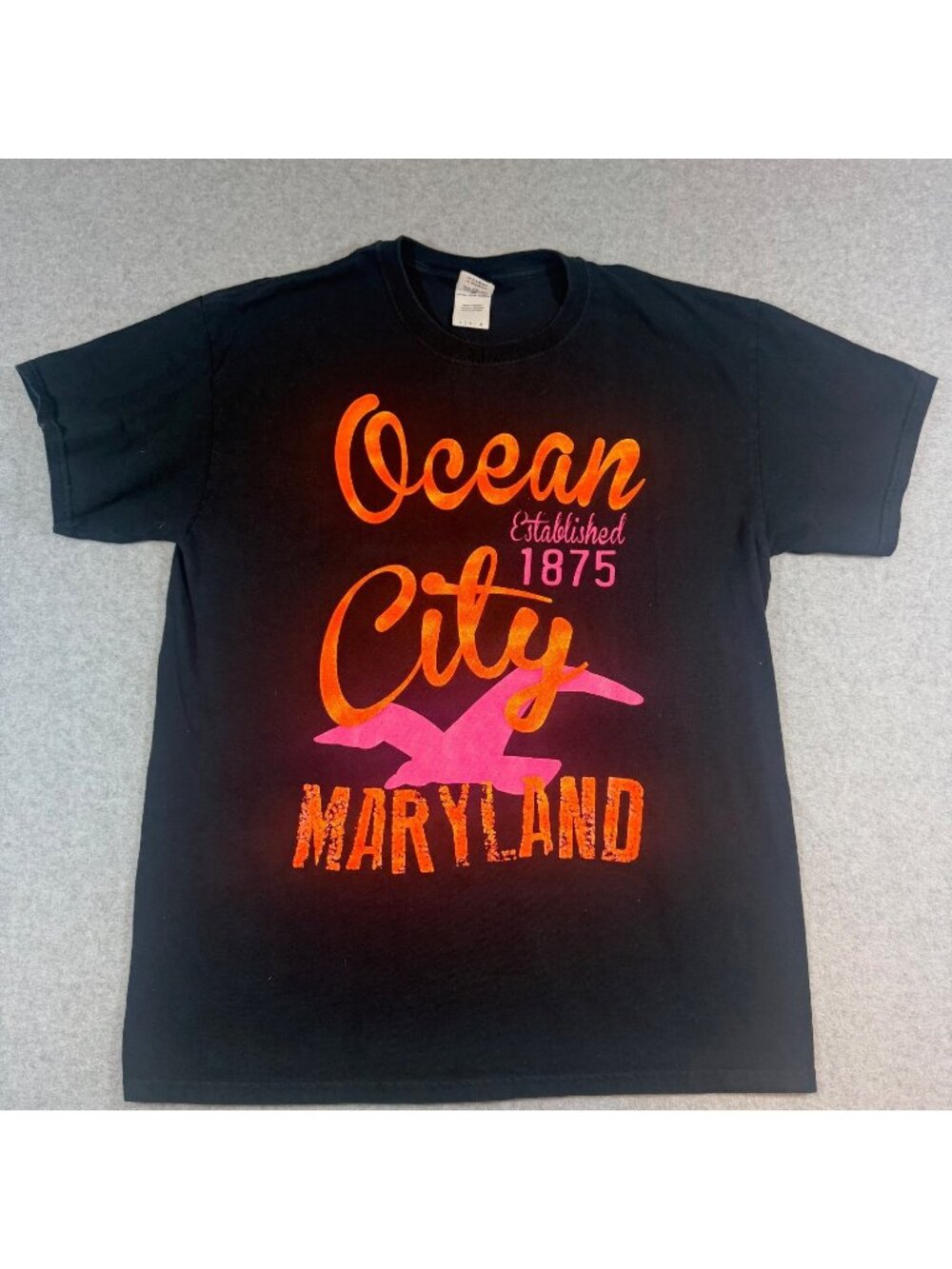 Gildan Heavy Cotton Ocean City Maryland Graphic T-Shirt Black Size Large 100% C.